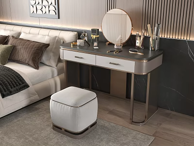 Elegant Modern Vanity Table With Round Mirror Drawers And Upholstered Stool In Bedroom 3d model