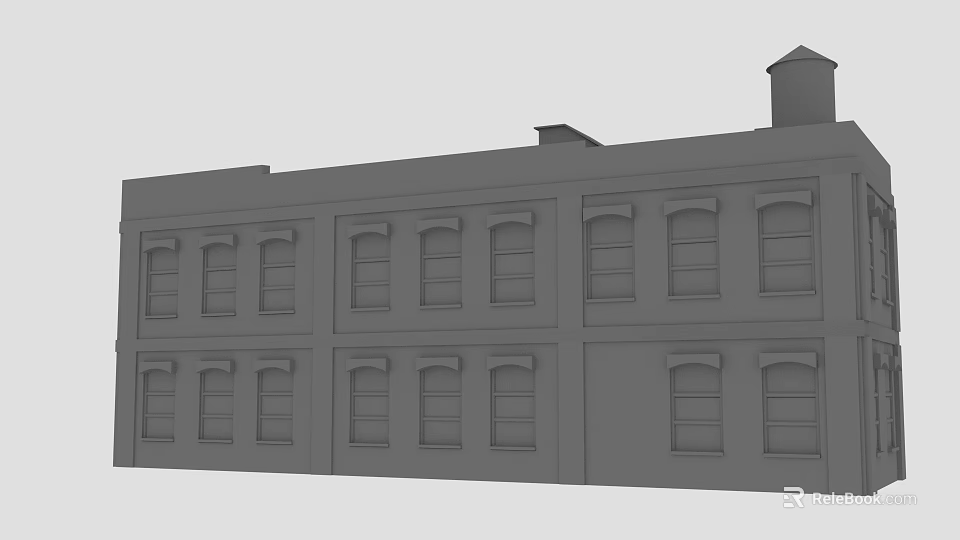 Gray Multi Story Building Exterior With Multiple Windows And Chimney 3d model 