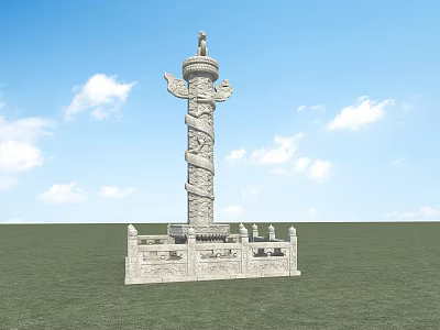 Traditional Garden Landscape With Intricate Carved Stone Pillar And Ornamental Base On Green Grassland 3d model