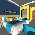 Hotel Guest Room With Two Beds Colorful Pillows Decorative Painting TV And Wooden Furniture
