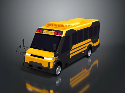 Yellow School Bus 3D Model With Black Stripes And Red Warning Lights 3d model