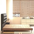 Comfortable Double Bed with Black Leather Headboard Wooden Frame Nightstand White Dresser and Wooden Blinds