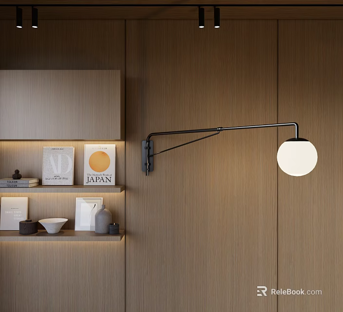 Modern Adjustable Arm Wall Lamp on Wooden Wall with Shelf and Decorative Items 3d model 