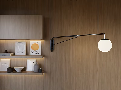 Modern Adjustable Arm Wall Lamp on Wooden Wall with Shelf and Decorative Items 3d model
