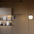Modern Adjustable Arm Wall Lamp on Wooden Wall with Shelf and Decorative Items