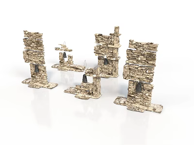 Unique Wooden Stone Decorative Stacked Structures Featuring Bell Accents And Sturdy Base 3d model