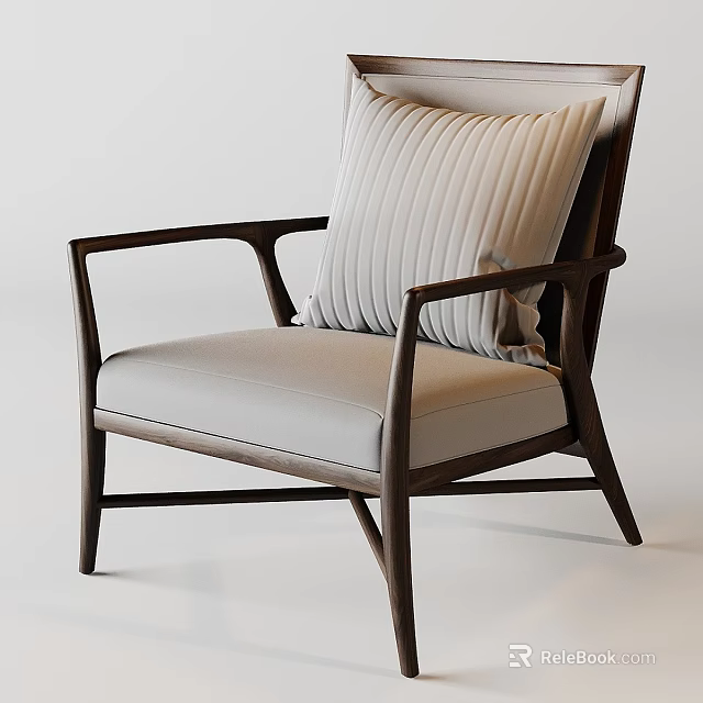 Modern Single Sofa With Wooden Frame Light Fabric Seat Armrest And Striped Cushion 3d model 