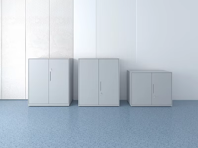 Three Gray Bookcases Against Light Colored Wall On Blue Floor Modern Design 3d model
