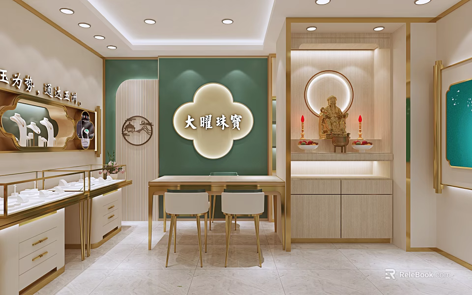 Elegant Luxury Jewelry Store Interior With Green Walls Gold Accents And Display Cases 3d model 