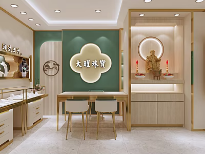 Elegant Luxury Jewelry Store Interior With Green Walls Gold Accents And Display Cases 3d model