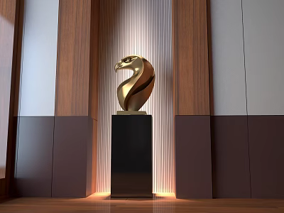Golden Snake Head Sculpture On Black Pedestal With Wooden Wall Background 3d model