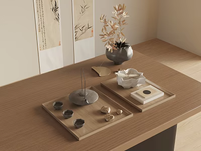 New Chinese Decorative Ornaments Combination New Chinese Floriculture Green Plant Vase Tea Set Fruit Book Song Dynasty Aesthetics 3d model