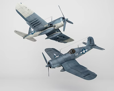 Two Vintage Blue Gray Propeller Fighter Aircraft With White Star Insignia In Flight 3d model