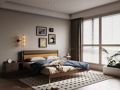 Modern Cozy Bedroom Interior With Wooden Bed Framed Artworks Wall Sconces And Polka Dot Rug 3d model
