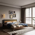 Modern Cozy Bedroom Interior With Wooden Bed Framed Artworks Wall Sconces And Polka Dot Rug