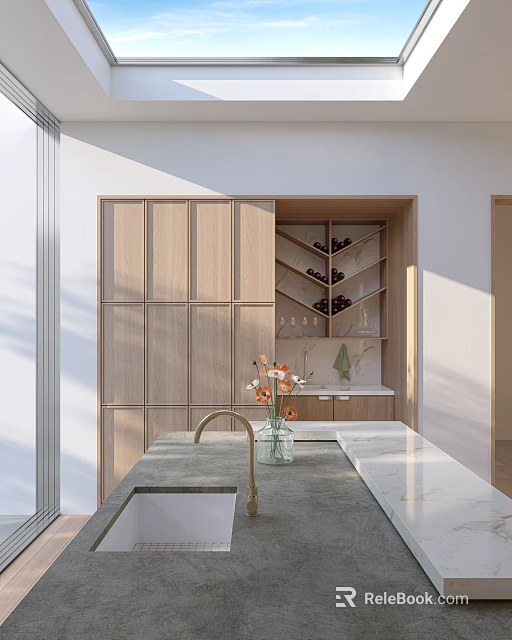 Minimalist Light Wood Kitchen With Integrated Wine Rack And Smooth Marble Countertops In Soft Daylight 3d model 