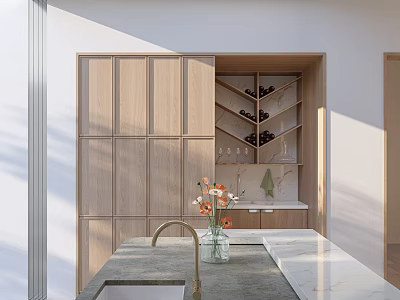 Minimalist Light Wood Kitchen With Integrated Wine Rack And Smooth Marble Countertops In Soft Daylight 3d model