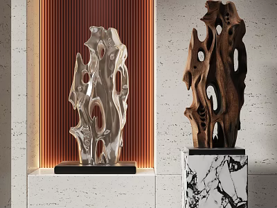 Abstract Modern Sculptures With Silver And Brown Carvings On Marble Bases Against Striped Wall 3d model