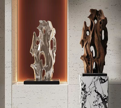 Abstract Modern Sculptures With Silver And Brown Carvings On Marble Bases Against Striped Wall 3d model