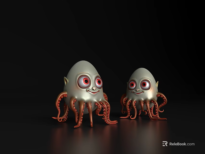 Two Cute Silver Octopuses With Red Tentacles And Big Eyes On Black Background 3d model 