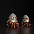 Two Cute Silver Octopuses With Red Tentacles And Big Eyes On Black Background