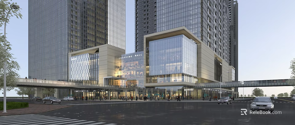 Contemporary Commercial Complex Featuring Glass Facade Busy Entrance and High Rise Buildings 3d model 