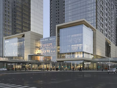 Contemporary Commercial Complex Featuring Glass Facade Busy Entrance and High Rise Buildings 3d model