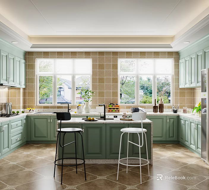 Bright Modern Kitchen Interior With Green Cabinets Island Counter Stools Windows And Tile Backsplash 3d model 
