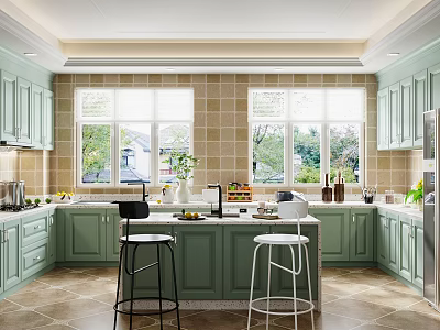 Bright Modern Kitchen Interior With Green Cabinets Island Counter Stools Windows And Tile Backsplash 3d model