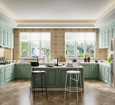 Bright Modern Kitchen Interior With Green Cabinets Island Counter Stools Windows And Tile Backsplash 3d model