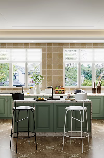 Bright Modern Kitchen Interior With Green Cabinets Island Counter Stools Windows And Tile Backsplash 3d model