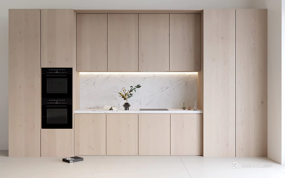 Modern Kitchen With Light Wood Cabinets Marble Backsplash Black Oven And Under Cabinet Lighting 3d model 