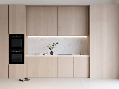 Modern Kitchen With Light Wood Cabinets Marble Backsplash Black Oven And Under Cabinet Lighting 3d model