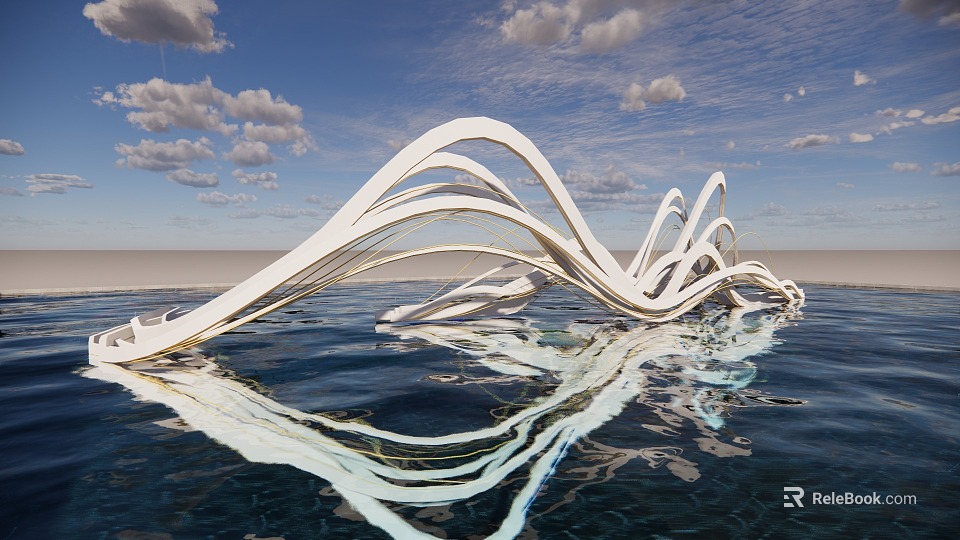 Wavy White Abstract Landscape Sculpture On Water Surface With Reflection And Blue Sky Clouds 3d model 
