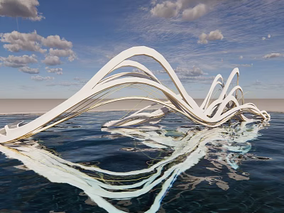 Wavy White Abstract Landscape Sculpture On Water Surface With Reflection And Blue Sky Clouds 3d model
