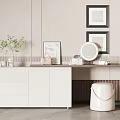 Modern Stylish Dressing Table with Wooden Top Round Mirror Drawers Stool Vase and Picture Frames