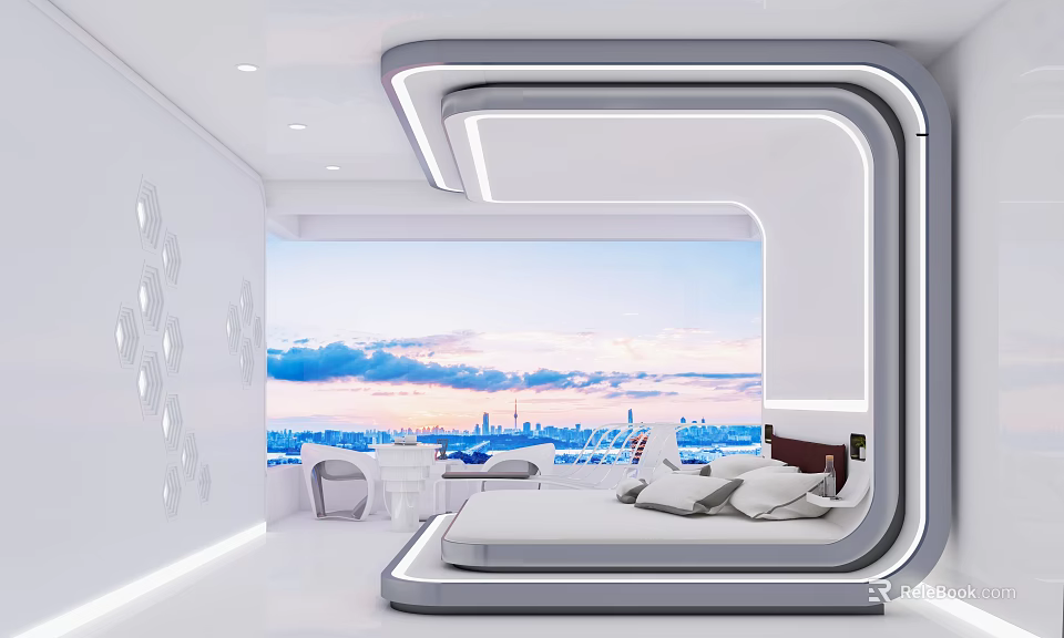 Modern Hotel Room Interior With Floor to Ceiling Window And City Sunset Skyline View 3d model 
