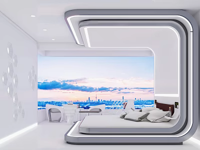 Modern Hotel Room Interior With Floor to Ceiling Window And City Sunset Skyline View 3d model