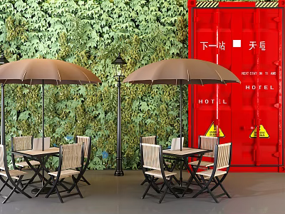 Outdoor Table Set With Two Brown Umbrellas Chairs Green Plant Wall And Red Container 3d model