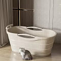 Light Wooden Oval Bathtub With Handles And Small Cat In Modern Interior Room