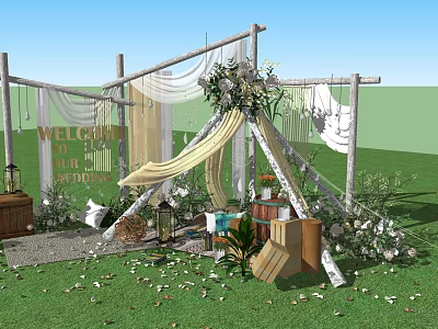 Garden Landscape With Wooden Frame Drapery Flowers Welcome Sign Lanterns And Green Plants 3d model
