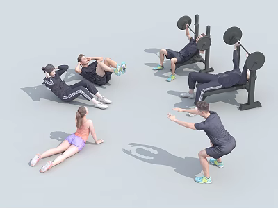 Multiple People Exercising In Gym Doing Weightlifting Sit Ups Push Ups And Squats 3d model