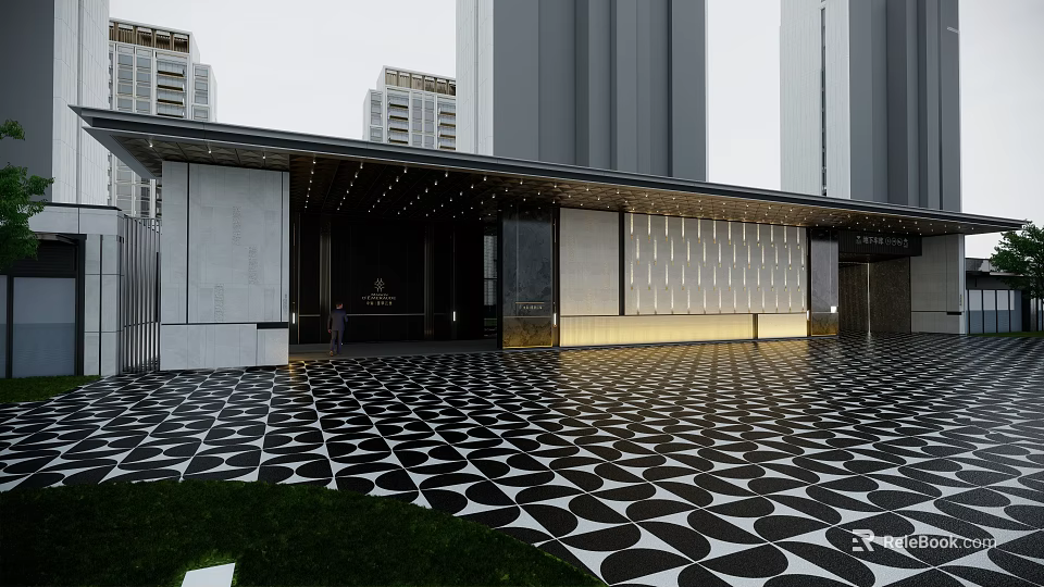 Modern Entrance Gate Exterior With Tall Buildings And Black White Geometric Pattern Floor 3d model