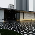 Modern Entrance Gate Exterior With Tall Buildings And Black White Geometric Pattern Floor 3d model