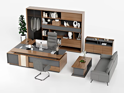 Modern Office Desk With Bookshelf Books Decorations Green Plant Sofa And Coffee Table 3d model