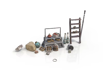 Miniature Scene Components With Wooden Ladder Crates Bottles Stone And Basket 3d model