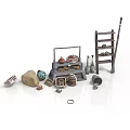 Miniature Scene Components With Wooden Ladder Crates Bottles Stone And Basket