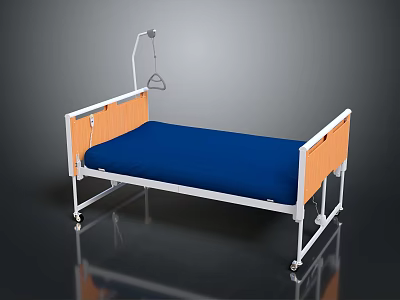 Medical Hospital Bed with Blue Mattress Orange Rails White Frame Metal Pole with Hook Wheels 3d model