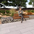 Outdoor Wooden Bench in Garden with Trees Grass Shrubs and Stone Pavement