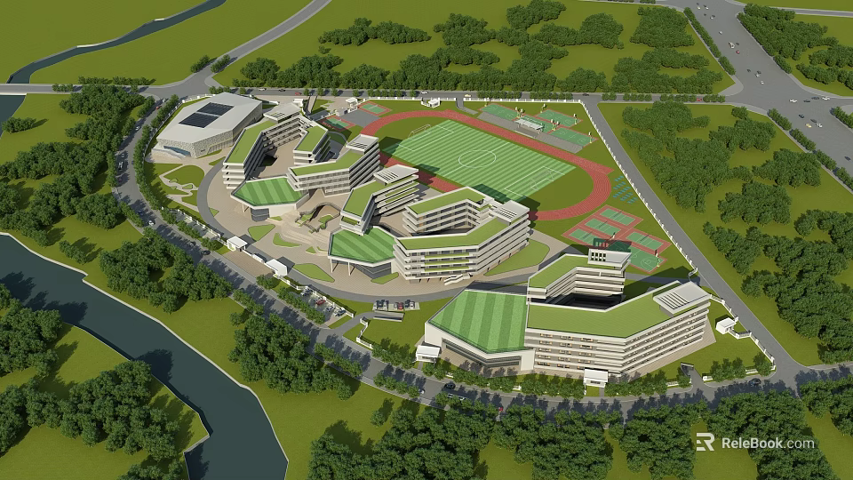 Modern School Buildings With Green Roofs Sports Field And River Surrounded By Trees 3d model 